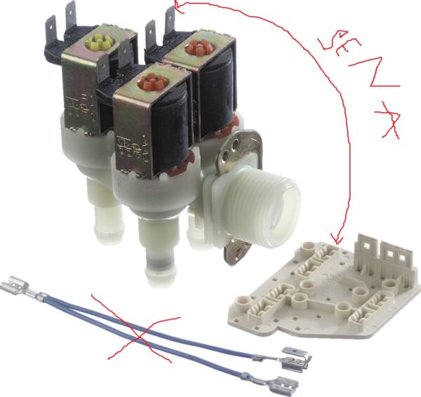 Vožtuvas trigubas MIELE, ARDO, 90° kampu,be viršutinės plokštelės.12mm, speciali jungtis. INLET VALVE3/4 INCH 359 3X12L 220/240V Клапаны для стиральных машин