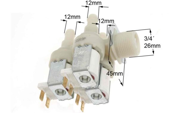 Vožtuvas trigubas MIELE, ARDO, 90° kampu,be viršutinės plokštelės.12mm, speciali jungtis. INLET VALVE3/4 INCH 359 3X12L 220/240V Клапаны для стиральных машин