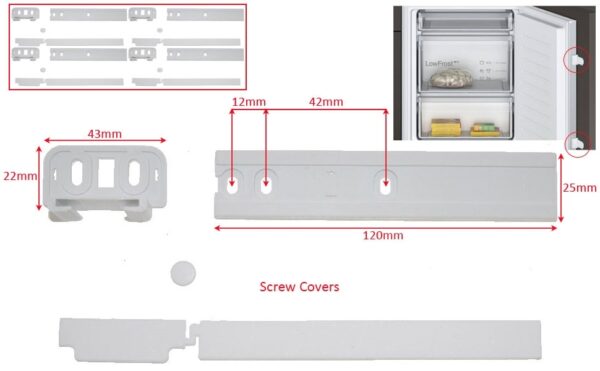 Įmontuojamo šaldytuvo WHIRLPOOL, INDESIT, IGNIS, BAUKNECHT, AEG, ELECTROLUX, ZANUSSI ir kt universalus durų montavimo komplektas (fasadinei pusei), orig Петли для фасадных монтажных комплектов дверей холодильников