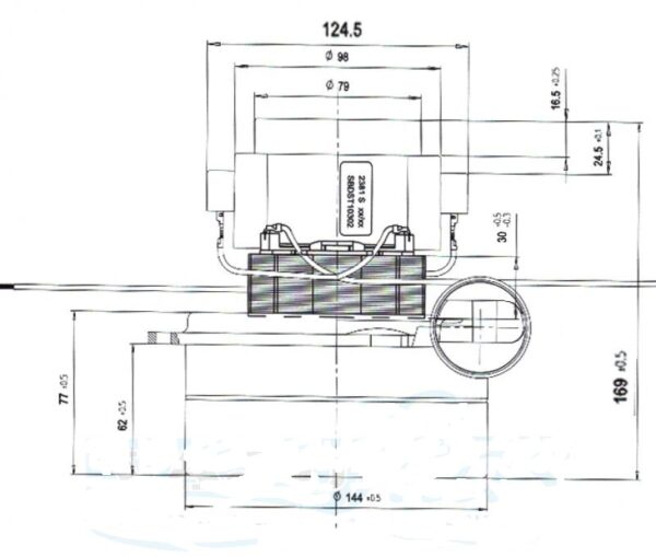 Dulkių siurblio variklis AMETEK 1000W, H=169mm, h=79mm, Ø144mm, skylės vid. Ø43mm Двигатели пылесосов, аккумуляторы, зарядные устройства