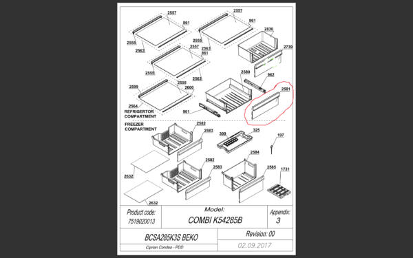 Šaldytuvo BEKO/GRUNDIG/ARCELIK , CRISP FRONT BI PRINT HARVFRESH 54 T605 stalčiaus priekinė panelė,43.4cm x 15.3cm,orig. Держатели для бытовых холодильников, выдвижных ящиков, полок и других пластиковых деталей