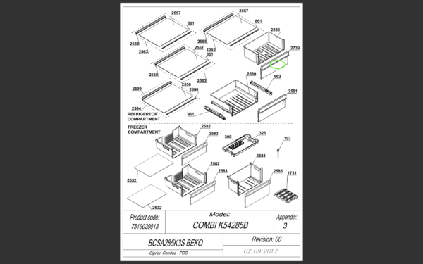 Šaldytuvo BEKO/GRUNDIG/ARCELIK, BIOF FRONT BEKO PRIN BI B16_T605_1_3 stalčiaus priekinė panelė,435x154x35mm,orig. Держатели для бытовых холодильников, выдвижных ящиков, полок и других пластиковых деталей