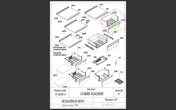 Šaldytuvo BEKO/GRUNDIG/ARCELIK,ASS BIOFRESH PRINTED BI ARC1155 stalčius komplekte,43.3cm x 28.8cm x 16.2cm,orig. Держатели для бытовых холодильников, выдвижных ящиков, полок и других пластиковых деталей