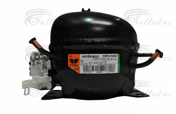 Šaldytuvo kompresorius EMBRACO-ASPERA, EMT6152GK, R404A, R507A, 1HP, 220 — 240V/1/50Hz, prie -10°C — 477W,  -20°C — 311W, (nuo +10°C iki -20°C) Компрессоры для бытовых холодильников