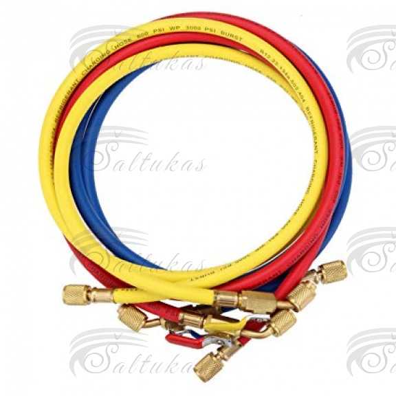 Užpildymo žarnelio komplektas su kraneliu R410a, 3 x 1,5 m (60″), 1/4»-5/16″, Raudona, Geltona, mėlyna Заправочные шланги