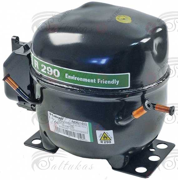 Šaldytuvo kompresorius EMBRACO NEK2160U, LBP — R290, 220 — 240V/1/50Hz, 1/2+ [HP], darbinis tūris 16,8 [cm3], variklio tipas CSR, opil tipas POE 22, alyvos įkrova 350 [ml], 729 [ W] in -23,3 / +54,4 [°], LRA 19,5 A, plėtimosi įtaisas: kapiliarinis arba išsiplėtimo vožtuvas, ventiliatoriaus aušinimas, svoris: 11,9 [kg] Компрессоры для промышленных холодильников