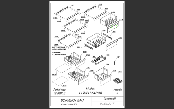 Šaldytuvo BEKO/GRUNDIG/ARCELIK, BIOF FRONT BEKO PRIN BI B16_T605_1_3 stalčiaus priekinė panelė,435x154x35mm,orig. — изображение 2