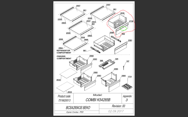 Šaldytuvo BEKO/GRUNDIG/ARCELIK,ASS BIOFRESH PRINTED BI ARC1155 stalčius komplekte,43.3cm x 28.8cm x 16.2cm,orig. — изображение 2