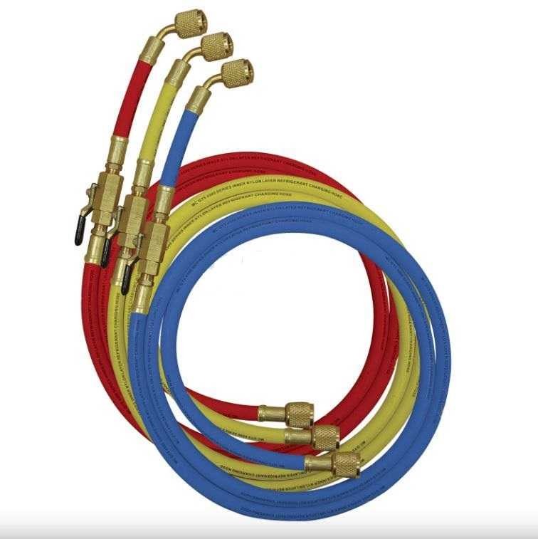 Užpildymo žarnelio komplektas R410 MASTERCOOL 49360-JT SADA 3 X 1,5M, 1/4″ — 5/16″, Raudona, Geltona, mėlyna Автомобильные детали холодильных морозильников для бытового промышленного холодильного оборудования