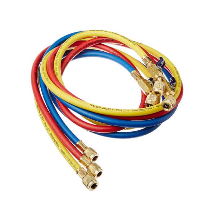 Užpildymo žarnelio komplektas R410A, 3×1,8 M (72″), 1/4″SAE — 5/16″, Raudona, Geltona, mėlyna Автомобильные детали холодильных морозильников для бытового промышленного холодильного оборудования