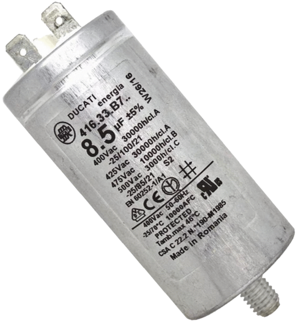 Kondensatorius 8.5µF (mikrofaradai), 400V, d=77.5x35mm, 2 kontaktai, originalas