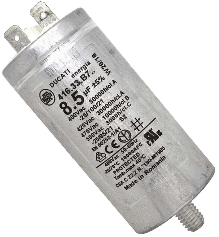 Kondensatorius 8.5µF (mikrofaradai), 400V, d=77.5x35mm, 2 kontaktai, originalas Конденсаторы